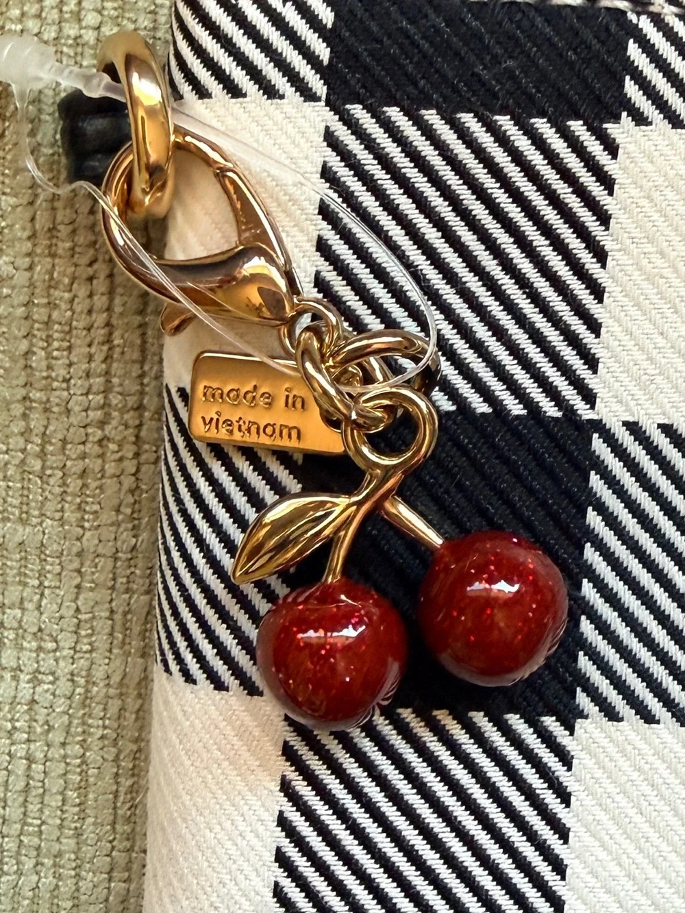 COACH Black & White Check Gingham Wristlet with Cherry Charm NWT